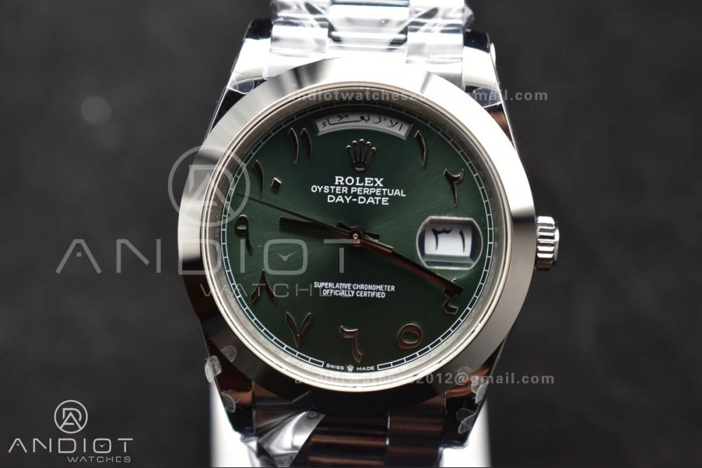 Functional DayDate 40 SS GMF 904L Steel Green Dial Arabic Markers On President Bracelet A 707