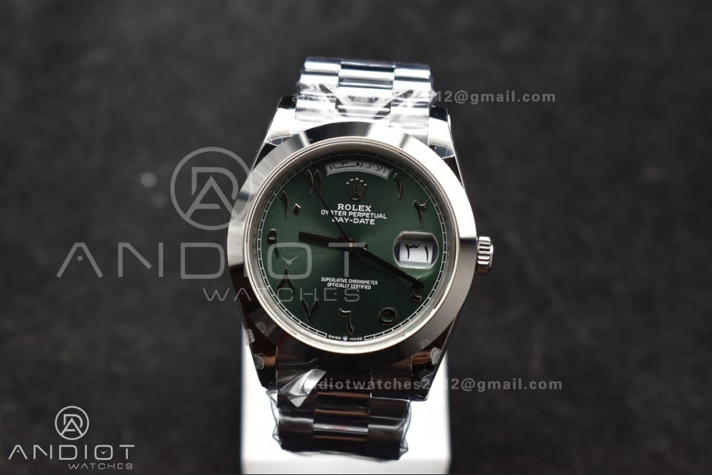 Functional DayDate 40 SS GMF 904L Steel Green Dial Arabic Markers On President Bracelet A 707