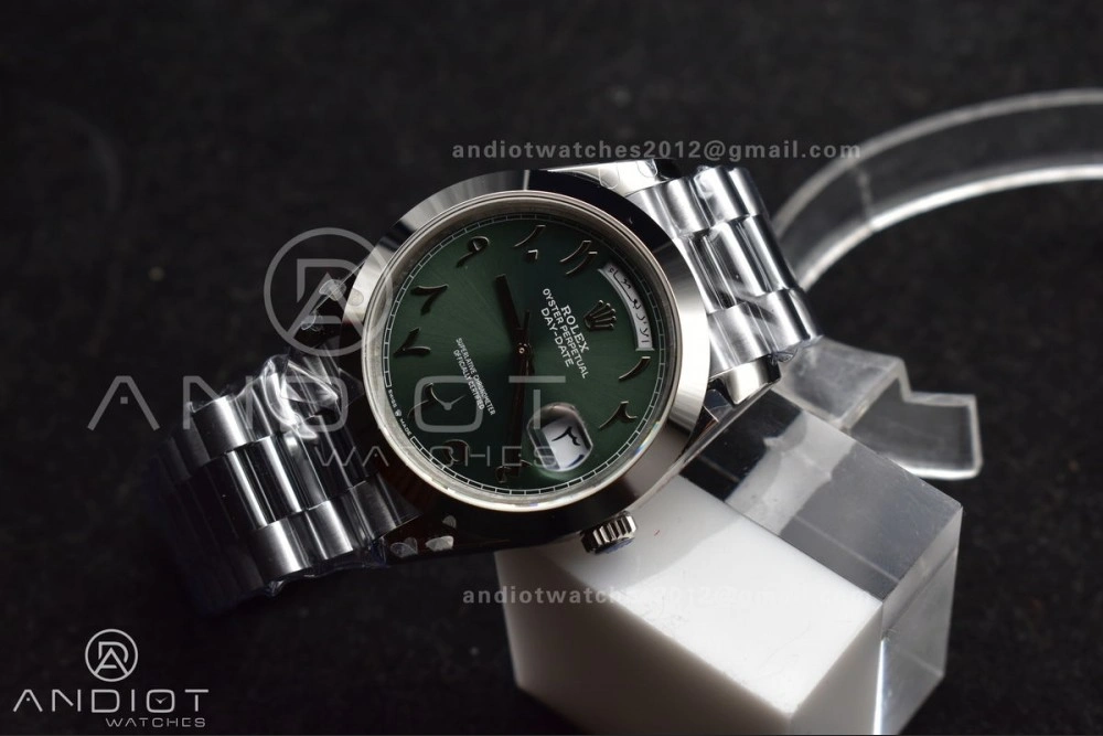 Functional DayDate 40 SS GMF 904L Steel Green Dial Arabic Markers On President Bracelet A 707