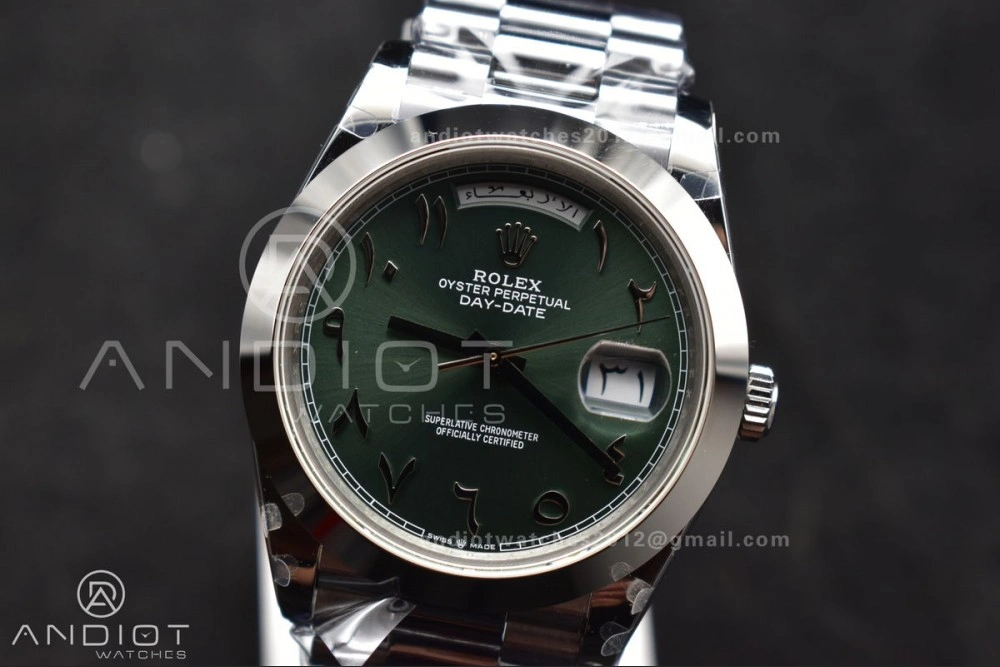Functional DayDate 40 SS GMF 904L Steel Green Dial Arabic Markers On President Bracelet A 707