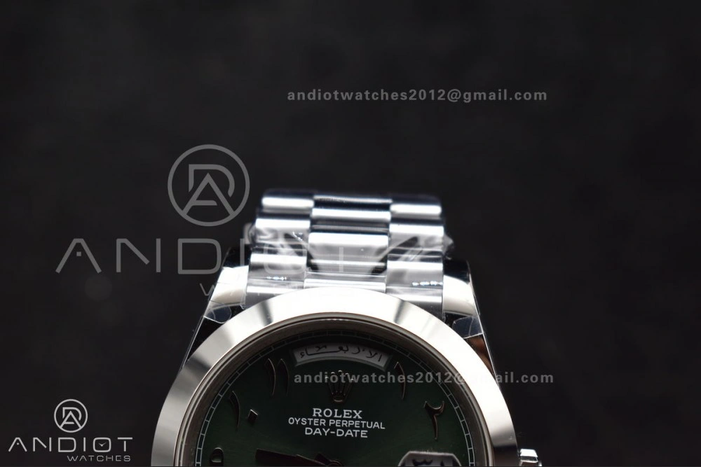 Functional DayDate 40 SS GMF 904L Steel Green Dial Arabic Markers On President Bracelet A 707
