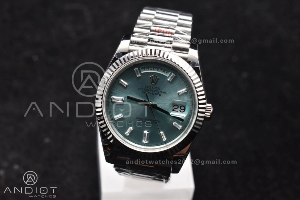DayDate 40 SS GMF 904L Steel Ice Blue Stick Dial On President Bracelet A3255 V Stretchable 714