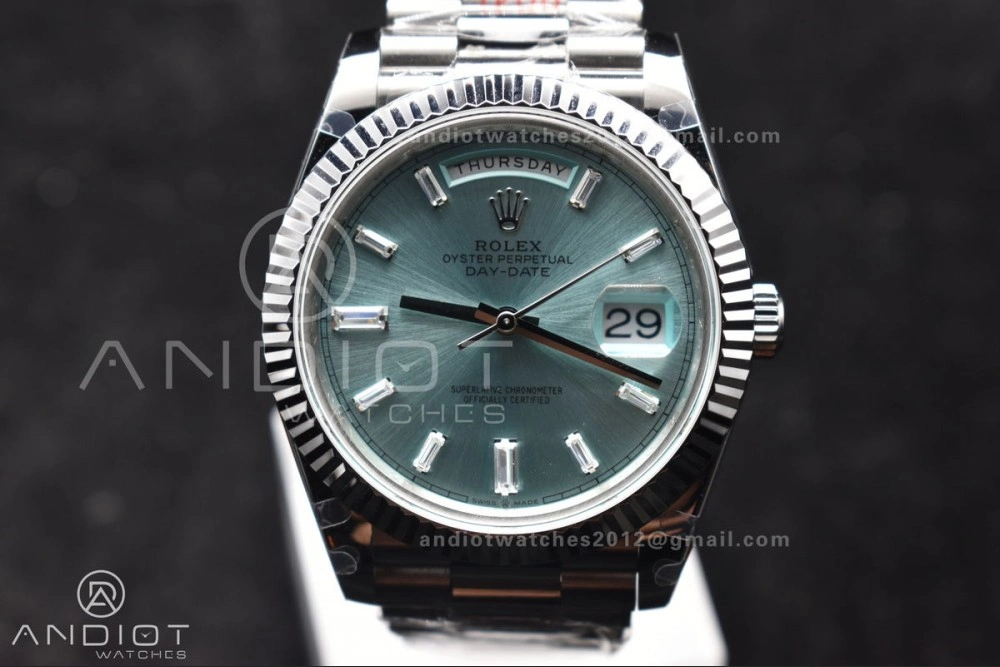 DayDate 40 SS GMF 904L Steel Ice Blue Stick Dial On President Bracelet A3255 V Stretchable 714