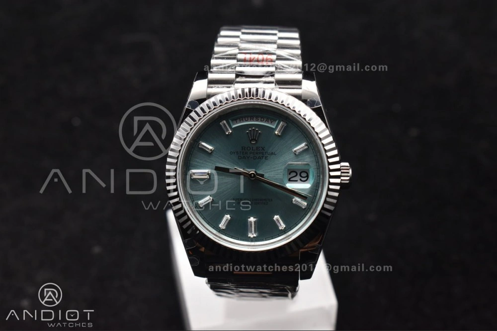 DayDate 40 SS GMF 904L Steel Ice Blue Stick Dial On President Bracelet A3255 V Stretchable 714
