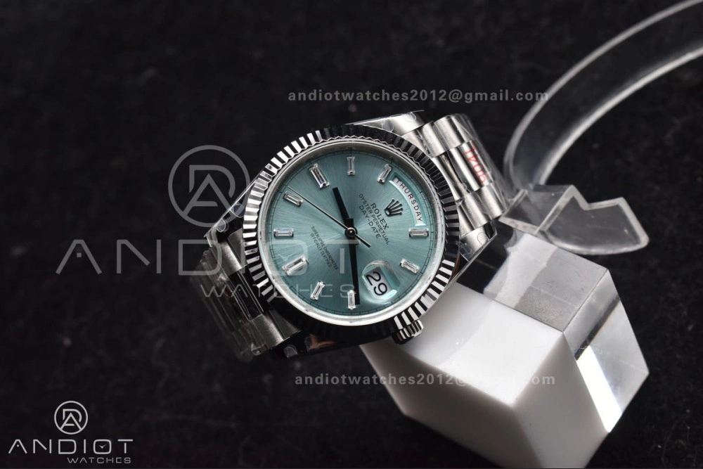 DayDate 40 SS GMF 904L Steel Ice Blue Stick Dial On President Bracelet A3255 V Stretchable 714
