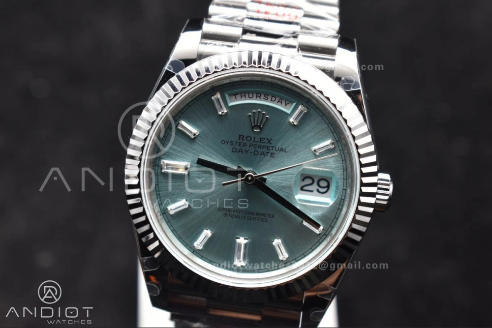 DayDate 40 SS GMF 904L Steel Ice Blue Stick Dial On President Bracelet A3255 V Stretchable 714