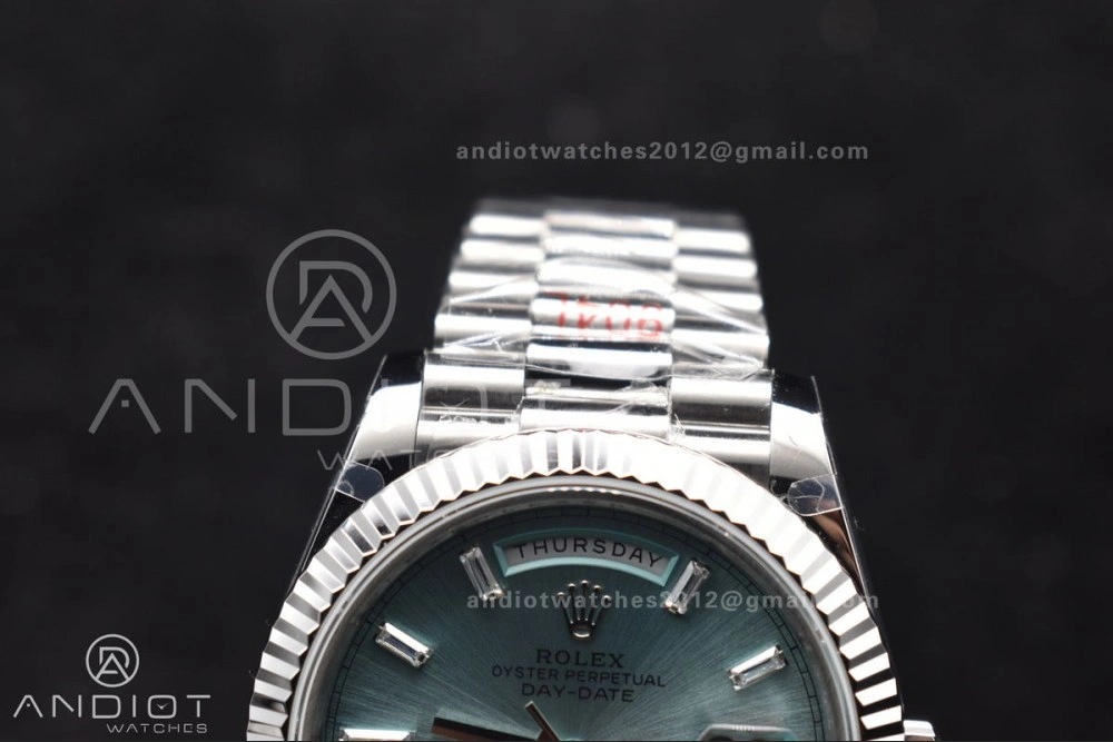 DayDate 40 SS GMF 904L Steel Ice Blue Stick Dial On President Bracelet A3255 V Stretchable 714