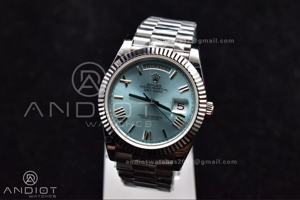 DayDate 40 SS GMF 904L Steel Iced Blue Dial Roman Markers On President Bracelet A3255 V Sporty 715