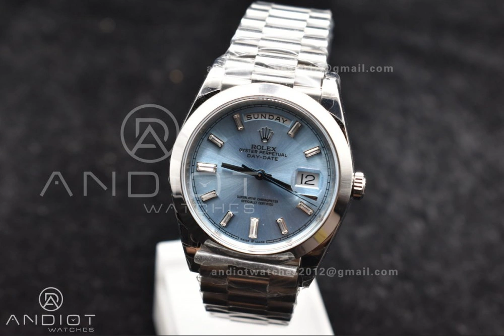 TimelessDesign DayDate 40 SS GSF Gain Weight Iced Blue Crystal Dial On President Bracelet A 720