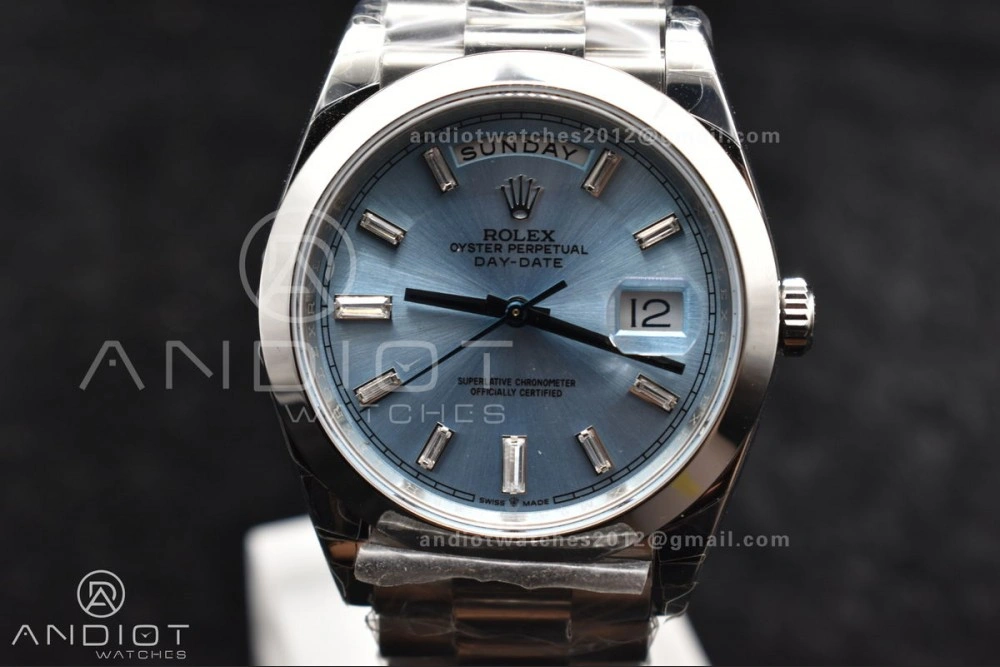 TimelessDesign DayDate 40 SS GSF Gain Weight Iced Blue Crystal Dial On President Bracelet A 720