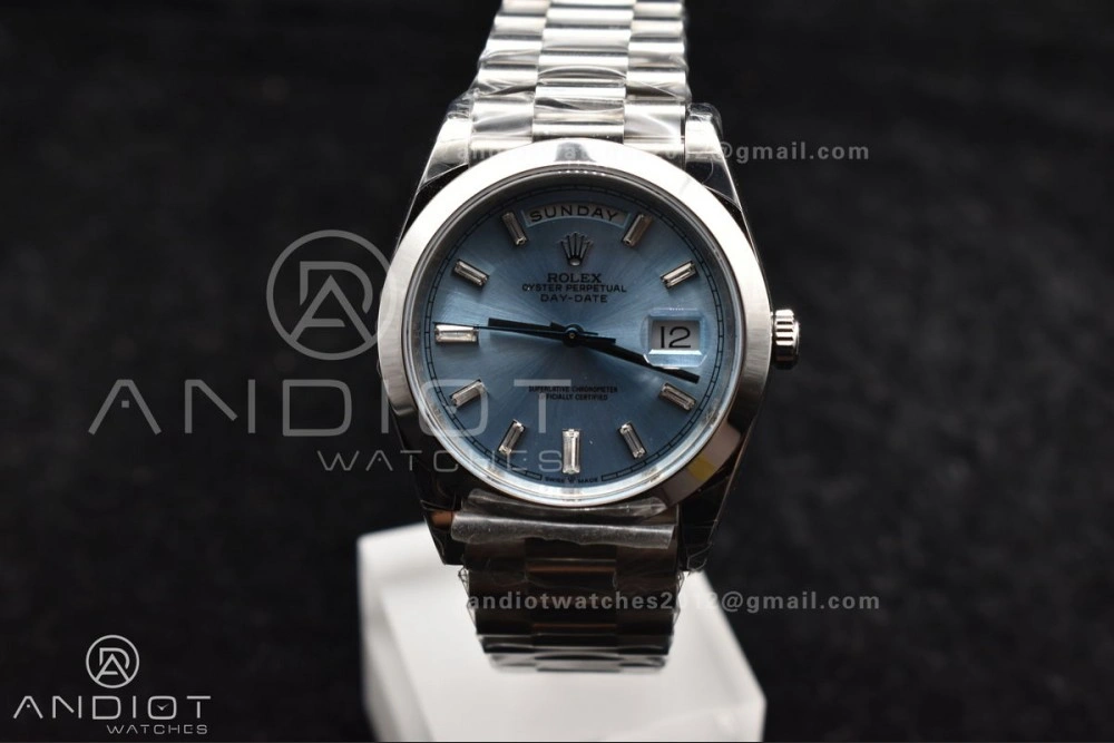 TimelessDesign DayDate 40 SS GSF Gain Weight Iced Blue Crystal Dial On President Bracelet A 720
