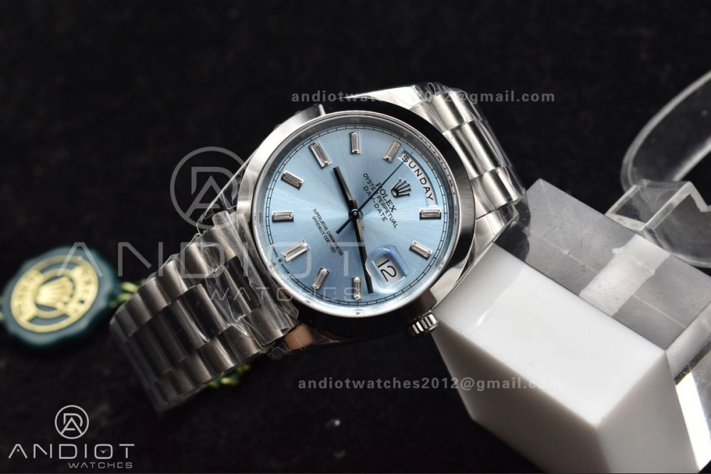 TimelessDesign DayDate 40 SS GSF Gain Weight Iced Blue Crystal Dial On President Bracelet A 720