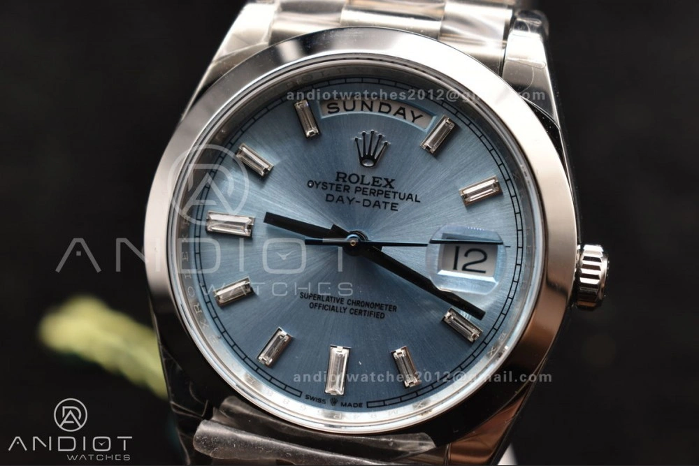 TimelessDesign DayDate 40 SS GSF Gain Weight Iced Blue Crystal Dial On President Bracelet A 720