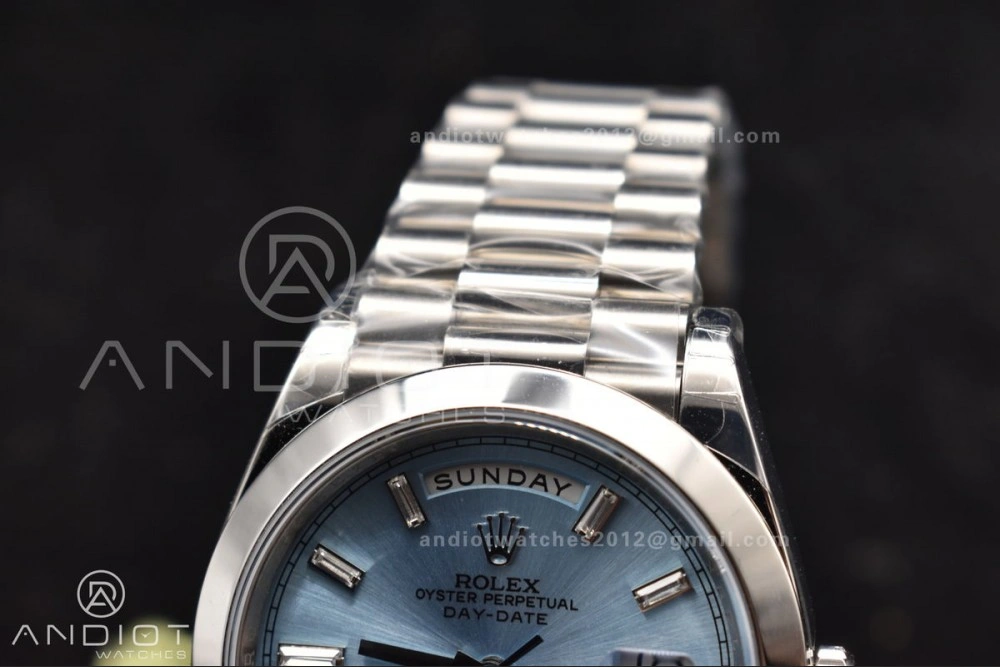 TimelessDesign DayDate 40 SS GSF Gain Weight Iced Blue Crystal Dial On President Bracelet A 720