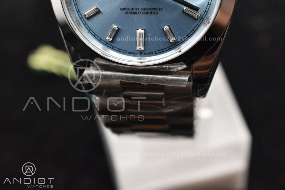 TimelessDesign DayDate 40 SS GSF Gain Weight Iced Blue Crystal Dial On President Bracelet A 720
