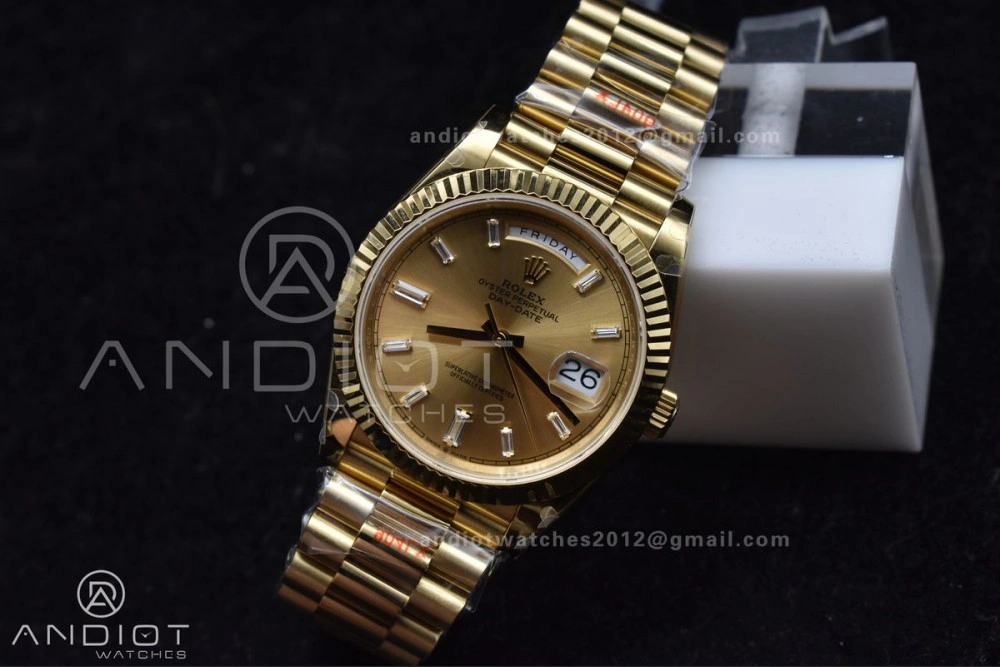 GoAnywhere DayDate 40 YG GMF Gain Weight 904L Steel Gold Dial Diamond Markers On President Bracelet A3255 V 723