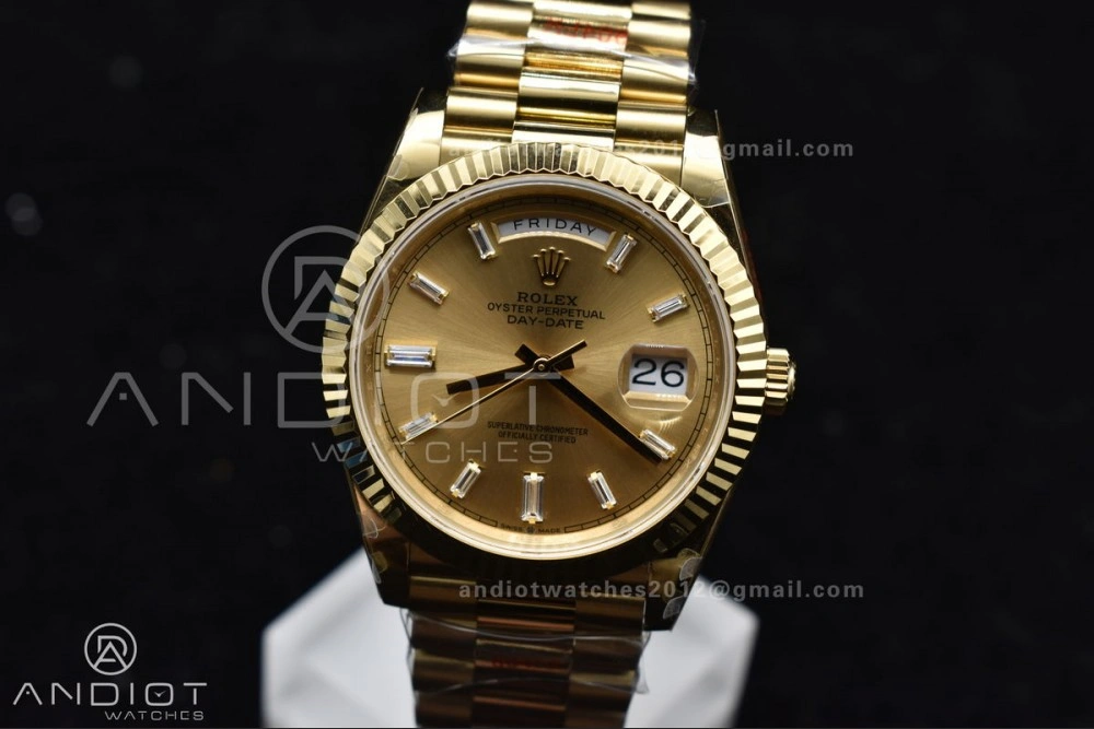 GoAnywhere DayDate 40 YG GMF Gain Weight 904L Steel Gold Dial Diamond Markers On President Bracelet A3255 V 723