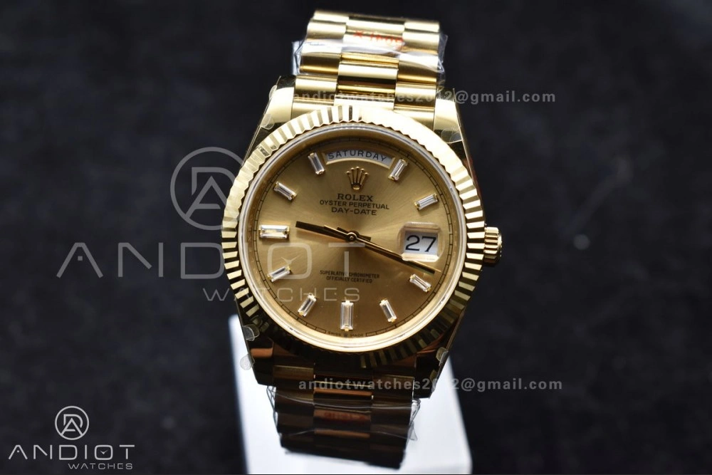GoAnywhere DayDate 40 YG GMF Gain Weight 904L Steel Gold Dial Diamond Markers On President Bracelet A3255 V 723