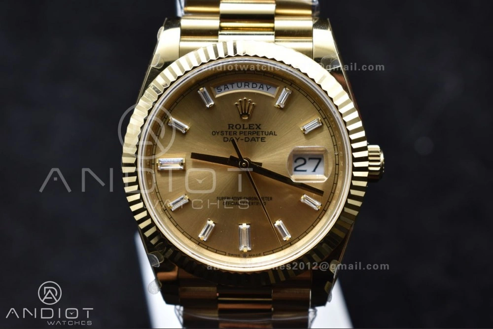 GoAnywhere DayDate 40 YG GMF Gain Weight 904L Steel Gold Dial Diamond Markers On President Bracelet A3255 V 723