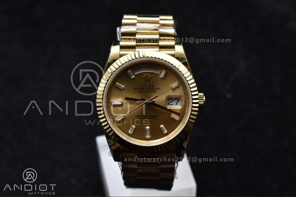 GoAnywhere DayDate 40 YG GMF Gain Weight 904L Steel Gold Dial Diamond Markers On President Bracelet A3255 V 723