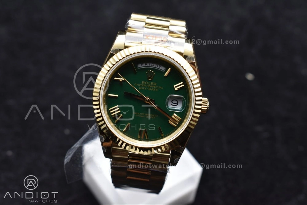 DayDate 40 YG GMF Gain Weight 904L Steel Green Dial Roman Markers on President Bracelet A3255 V WellDesigned 754