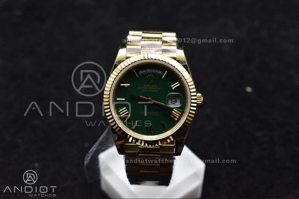 DayDate 40 YG GMF Gain Weight 904L Steel Green Dial Roman Markers on President Bracelet A3255 V WellDesigned 754