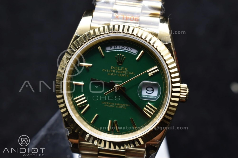 DayDate 40 YG GMF Gain Weight 904L Steel Green Dial Roman Markers on President Bracelet A3255 V WellDesigned 754