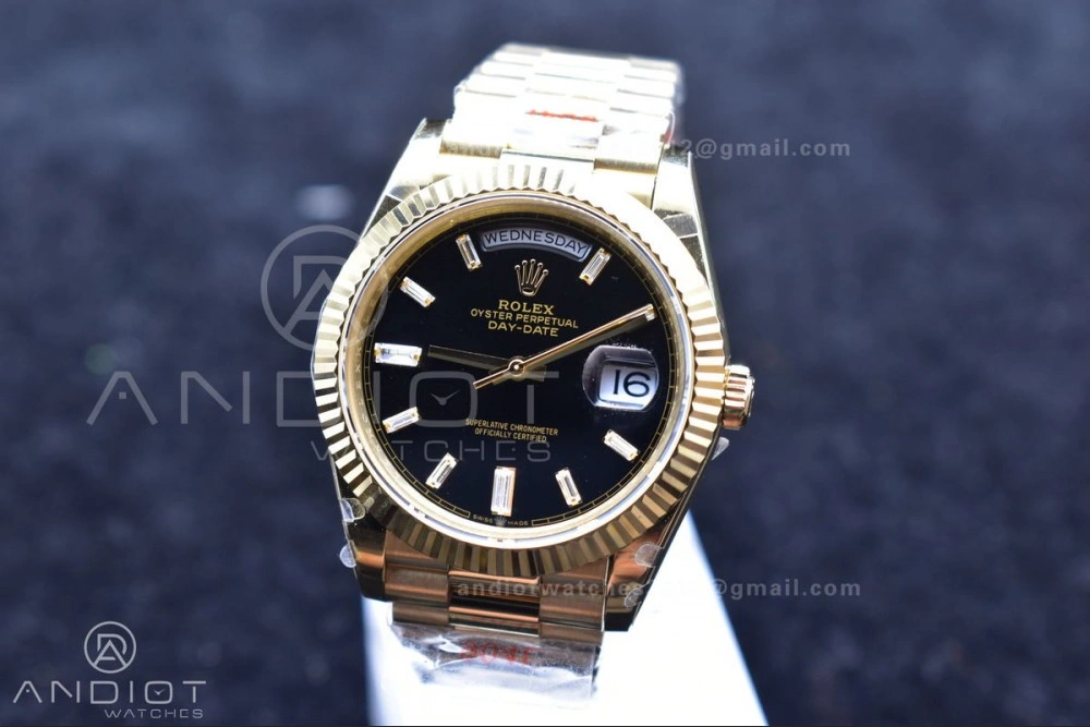 Breathable DayDate 40 YG GMF Plated 904L Steel Black Dial Crystal Markers On President Bracelet A2836 V 721