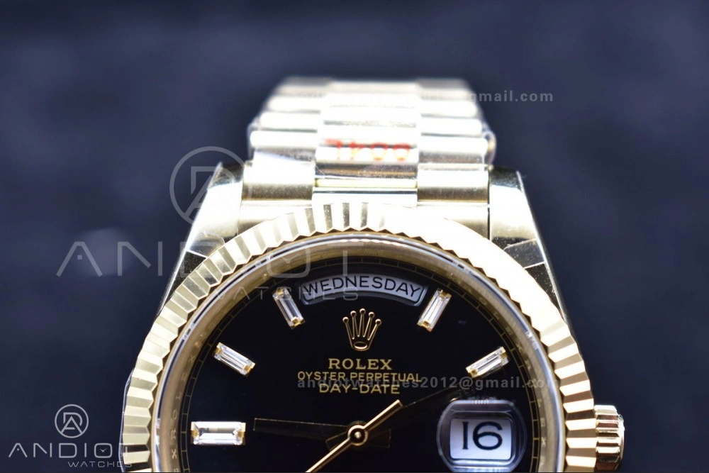 Breathable DayDate 40 YG GMF Plated 904L Steel Black Dial Crystal Markers On President Bracelet A2836 V 721