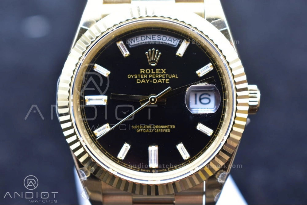 Breathable DayDate 40 YG GMF Plated 904L Steel Black Dial Crystal Markers On President Bracelet A2836 V 721