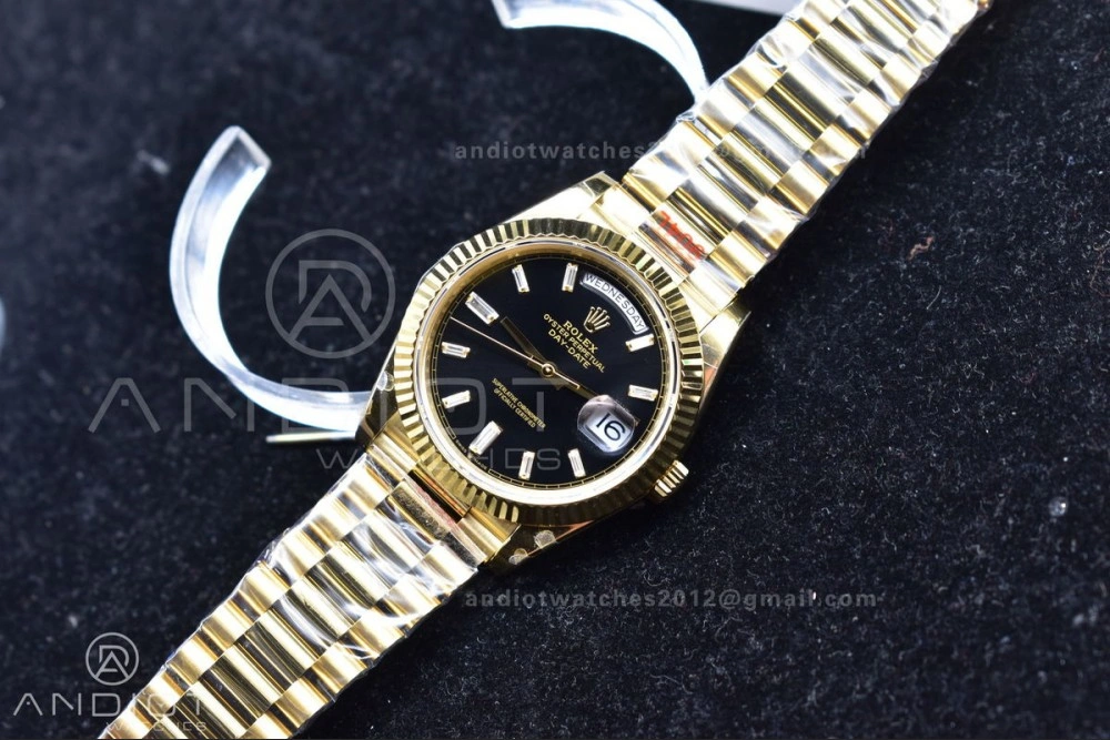 Breathable DayDate 40 YG GMF Plated 904L Steel Black Dial Crystal Markers On President Bracelet A2836 V 721