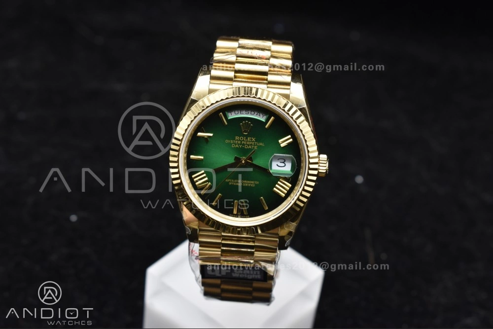 GoAnywhere DayDate 40 YG QF Best Edition 904L Steel Green Black Dial on President Bracelet A2836 V4 (Gain Weight) 725