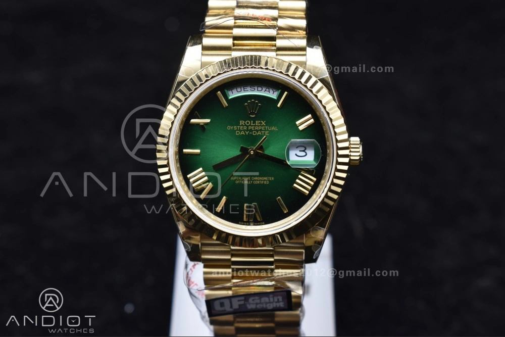 GoAnywhere DayDate 40 YG QF Best Edition 904L Steel Green Black Dial on President Bracelet A2836 V4 (Gain Weight) 725