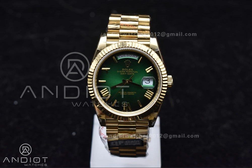 GoAnywhere DayDate 40 YG QF Best Edition 904L Steel Green Black Dial on President Bracelet A2836 V4 (Gain Weight) 725