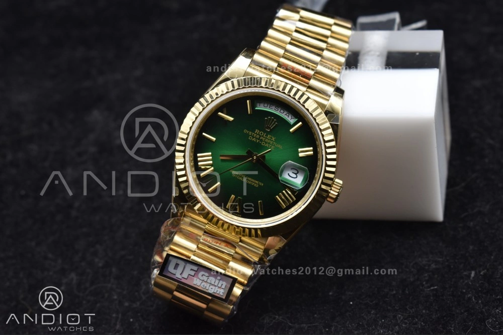 GoAnywhere DayDate 40 YG QF Best Edition 904L Steel Green Black Dial on President Bracelet A2836 V4 (Gain Weight) 725