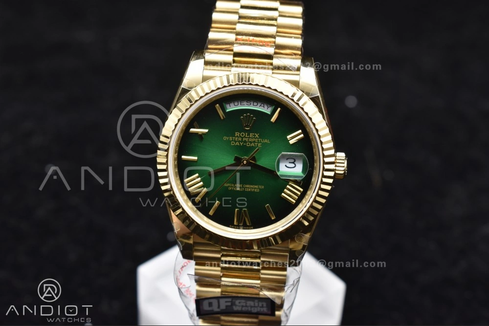 GoAnywhere DayDate 40 YG QF Best Edition 904L Steel Green Black Dial on President Bracelet A2836 V4 (Gain Weight) 725