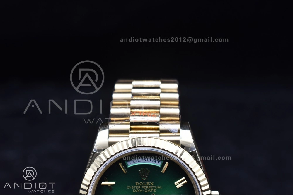 GoAnywhere DayDate 40 YG QF Best Edition 904L Steel Green Black Dial on President Bracelet A2836 V4 (Gain Weight) 725