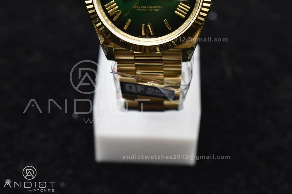 GoAnywhere DayDate 40 YG QF Best Edition 904L Steel Green Black Dial on President Bracelet A2836 V4 (Gain Weight) 725