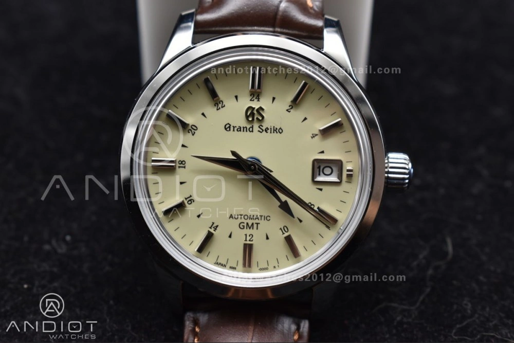 UrbanStyle Grand Seiko Elegance GMT SS GSF 1:1 Best Edition Cream Dial on Brown Leather Strap NH 262