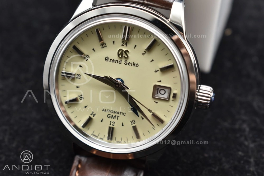 UrbanStyle Grand Seiko Elegance GMT SS GSF 1:1 Best Edition Cream Dial on Brown Leather Strap NH 262