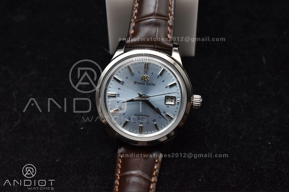 EasyMatch Grand Seiko Elegance GMT SS GSF 1:1 Best Edition Sky blue Dial on Brown Leather Strap NH 264