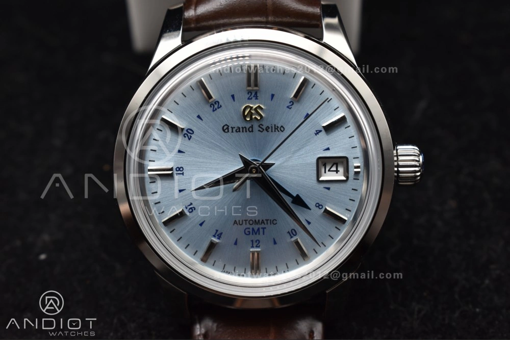 EasyMatch Grand Seiko Elegance GMT SS GSF 1:1 Best Edition Sky blue Dial on Brown Leather Strap NH 264