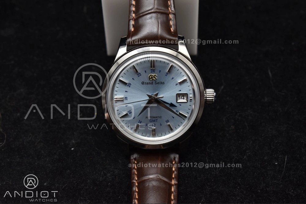 EasyMatch Grand Seiko Elegance GMT SS GSF 1:1 Best Edition Sky blue Dial on Brown Leather Strap NH 264