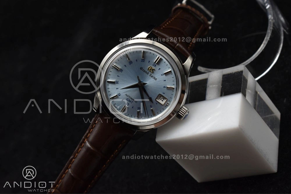 EasyMatch Grand Seiko Elegance GMT SS GSF 1:1 Best Edition Sky blue Dial on Brown Leather Strap NH 264