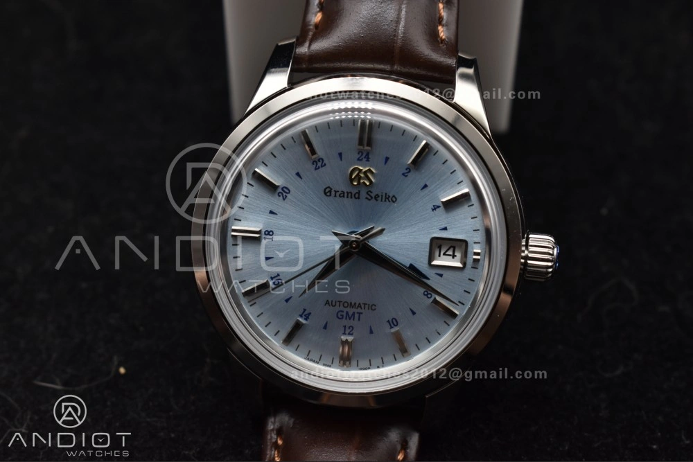 EasyMatch Grand Seiko Elegance GMT SS GSF 1:1 Best Edition Sky blue Dial on Brown Leather Strap NH 264