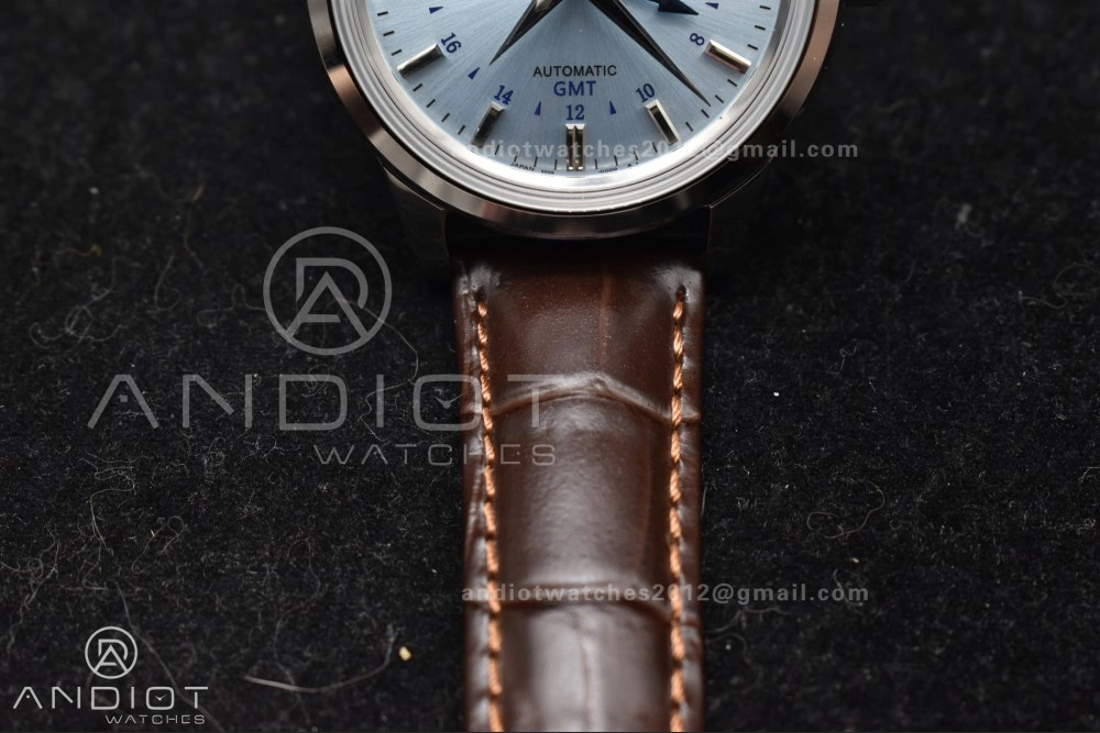 EasyMatch Grand Seiko Elegance GMT SS GSF 1:1 Best Edition Sky blue Dial on Brown Leather Strap NH 264