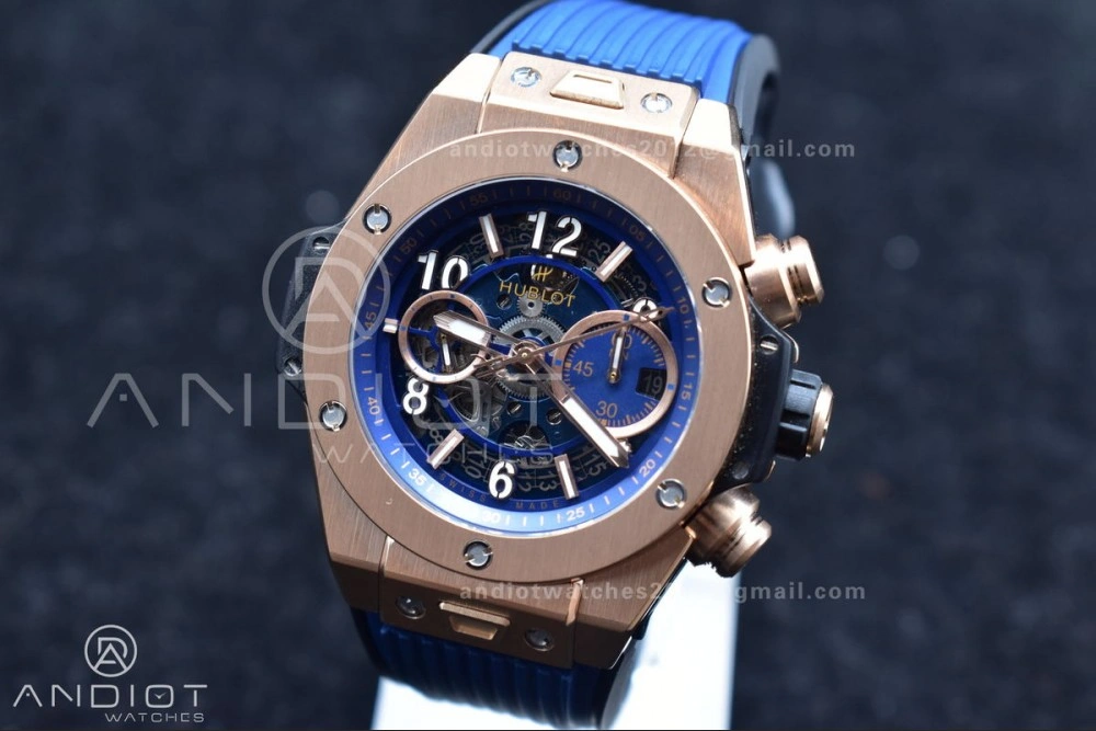 NewStyle Hublot Big Bang Unico RG ZF 1:1 Best Edition Blue Skeleton Dial on Blue Rubber Strap A 894