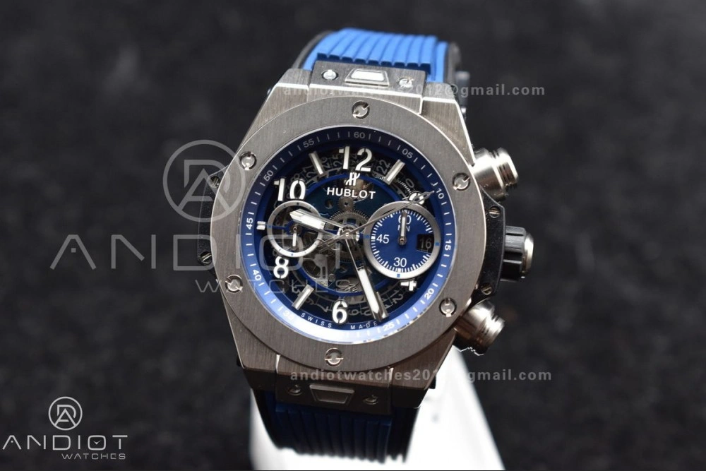 Unique Hublot Big Bang Unico Titanium ZF 1:1 Best Edition Blue Skeleton Dial on Blue Rubber Strap A 265