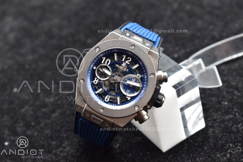 Unique Hublot Big Bang Unico Titanium ZF 1:1 Best Edition Blue Skeleton Dial on Blue Rubber Strap A 265