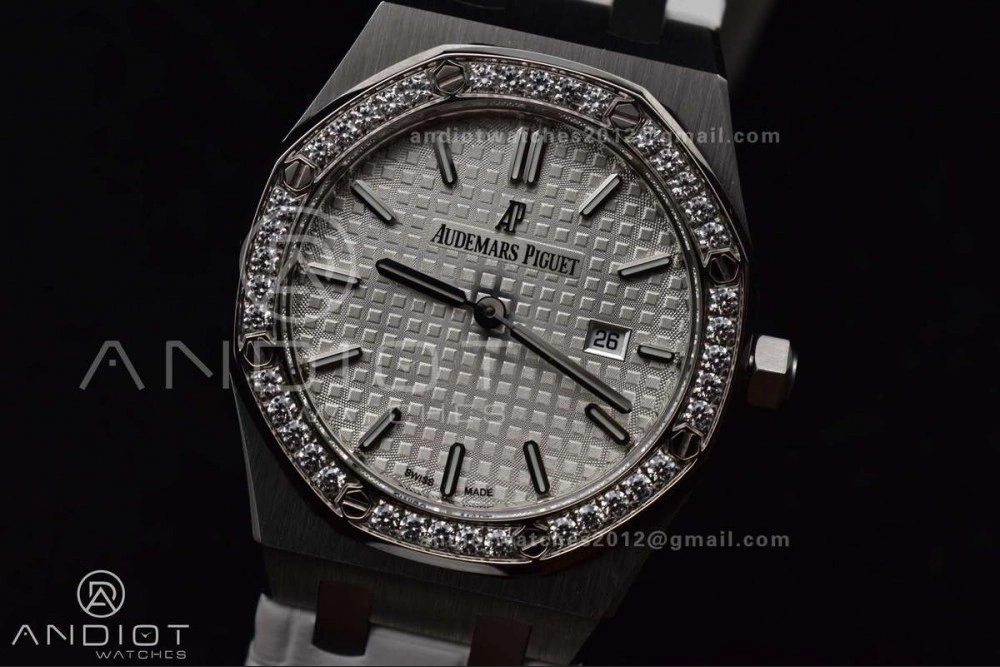 Lady Royal Oak 33mm 67651 SS Diamond Bezel V7F 1:1 White Textured Dial On White Croco Leather Strap Ronda Quartz to AP Cal. Sporty 101